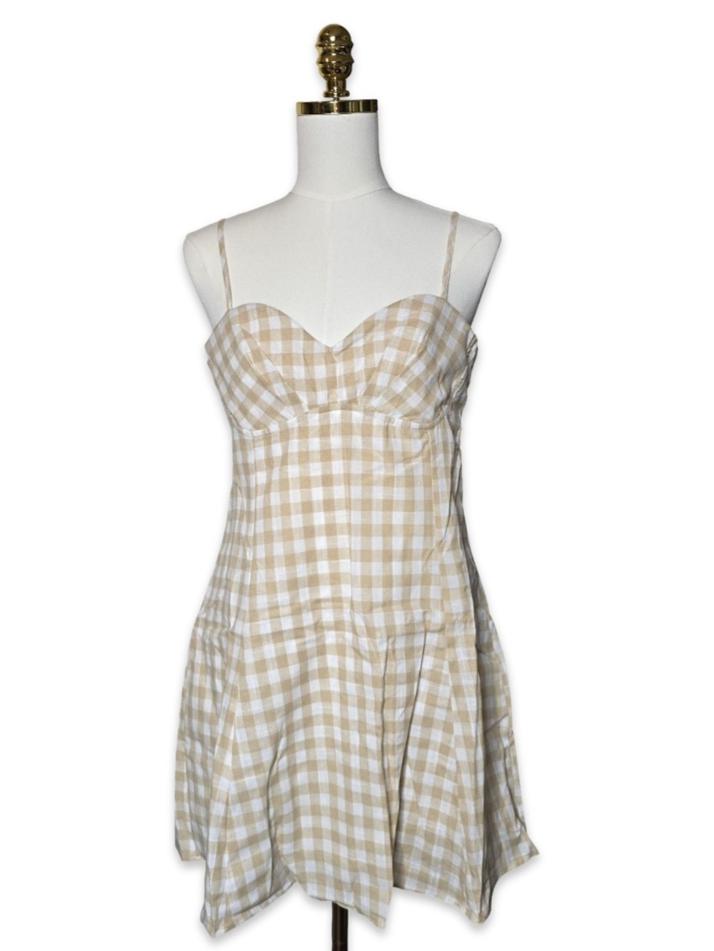 New Promesa Gingham Sundress in Champagne Mini Flare Dress Size Medium NWT - Picture 2 of 6